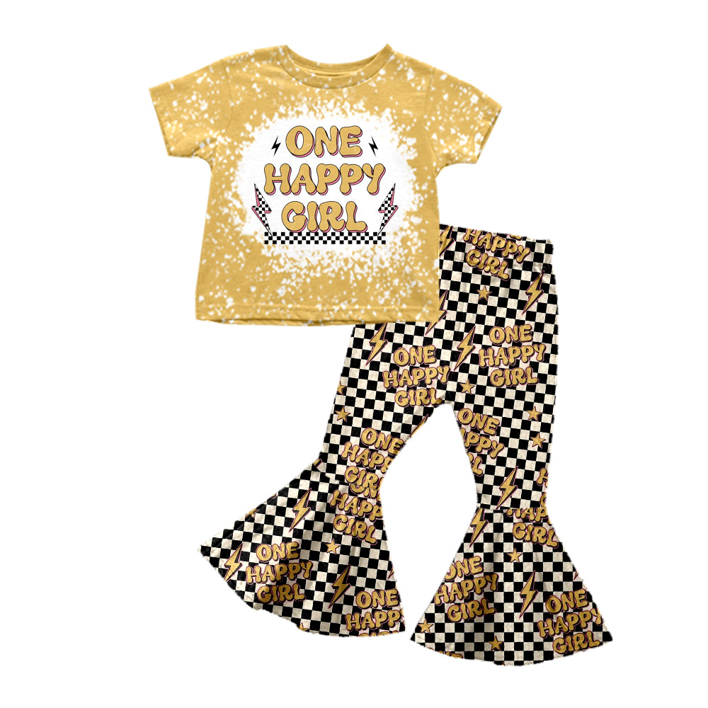 Baby Girls One Happy Girl Short Sleeve Tee Shirt Flare Pants Clothes Sets preorder(moq 5)
