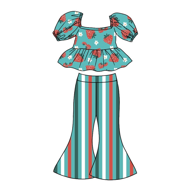 Baby Girls Blue Strawberry Tee Shirt Bell Stripes Pants Clothes Sets preorder(moq 5)