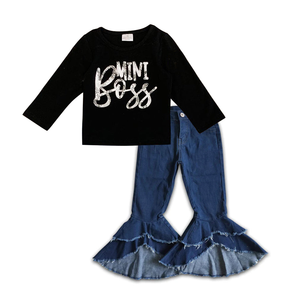 Baby Girls Mini Boss Long Sleeve Tee Shirts Tops Ruffle denim pants sets preorder(moq 5)