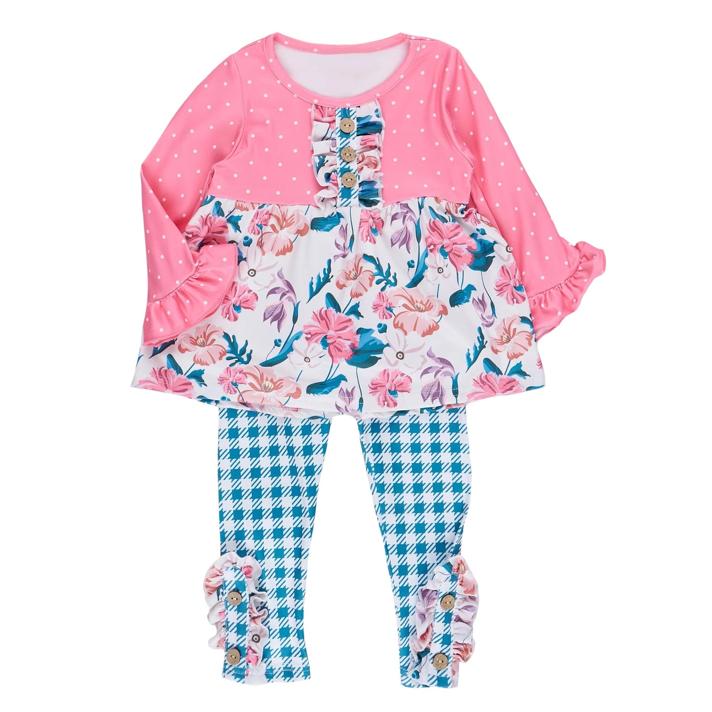 Baby Girls Pink Dots Ruffle Floral Tunic Legging Pants Boutique Clothes Sets preorder(moq 5)