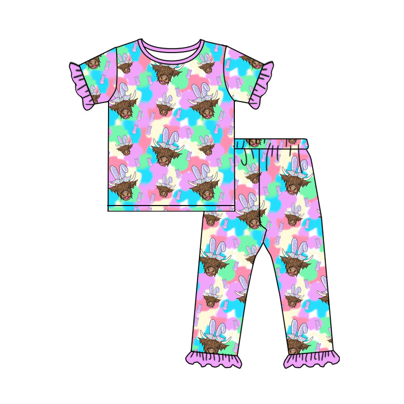 Baby Girls Colorful Short Sleeve Tee Shirt Ruffle Pants Pajamas Clothes Sets preorder(moq 5)