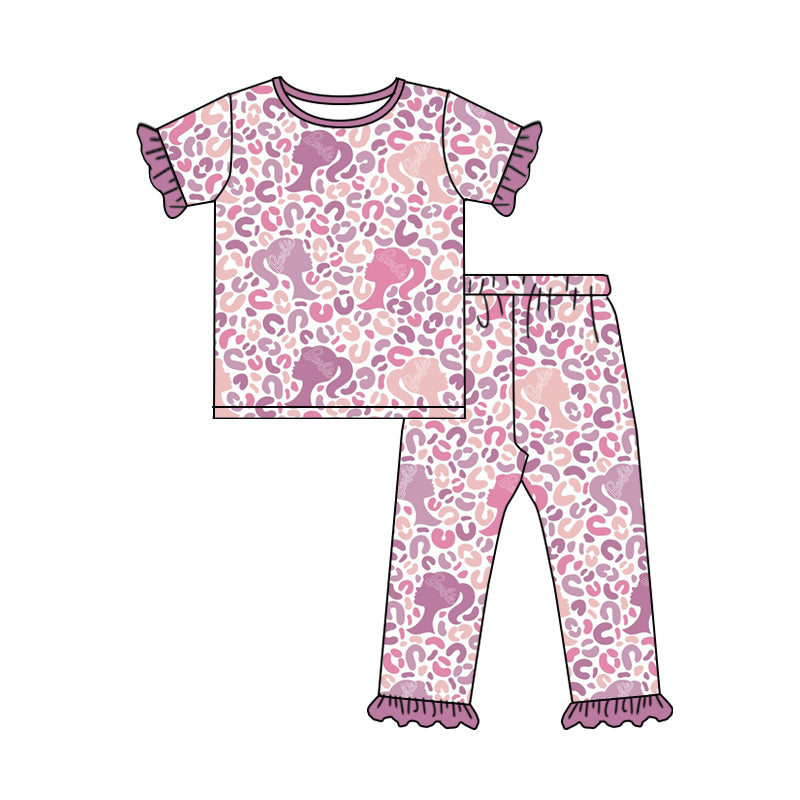 Baby Girls Leopard Doll Short Sleeve Tee Shirt Ruffle Pants Pajamas Clothes Sets preorder(moq 5)