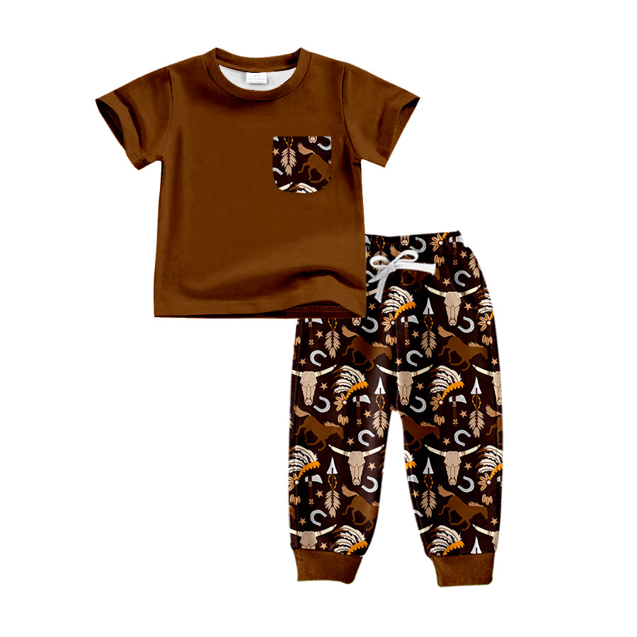 Baby Girls Western Horse Short Sleeve Tee Shirt Pants Sets Preorder(moq 5)