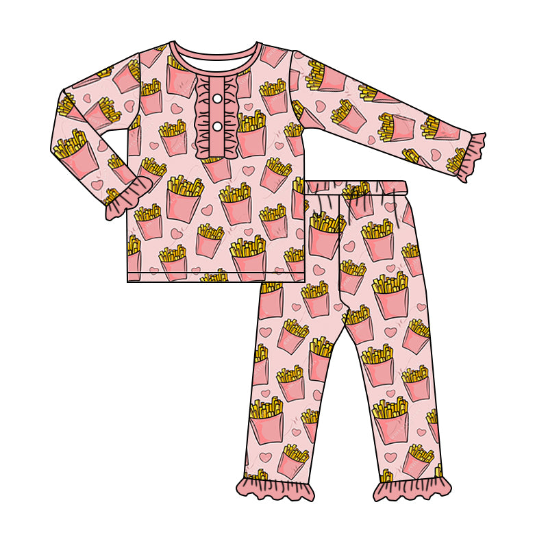 Baby Girls Pink Shirt Fries Ruffle Pants Pajamas Clothes Sets Preorder(moq 5)