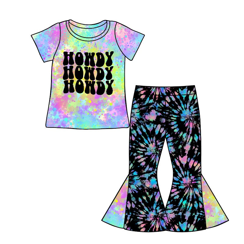 Baby Girls Howdy Purple Tie Dye Tee Shirt Flare Pants Sets Preorder(moq 5)