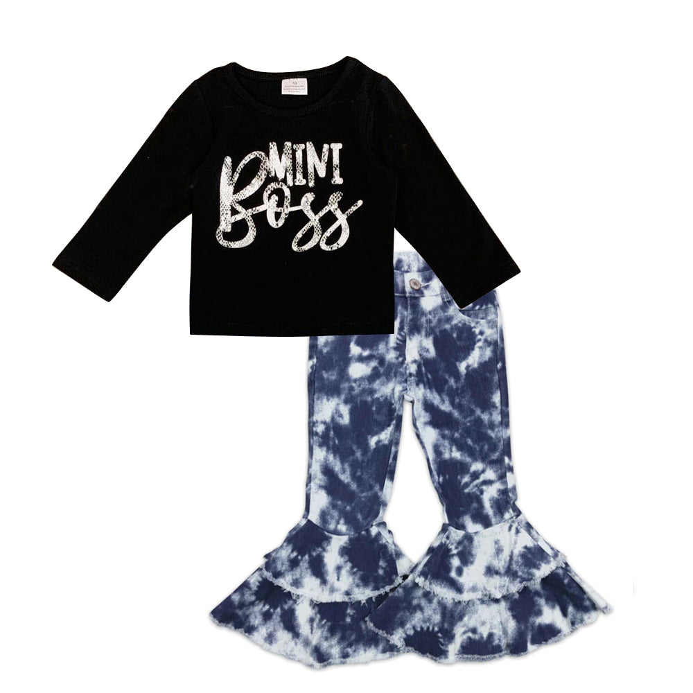 Baby Girls Mini Boss Long Sleeve Tee Shirts Tops Tie Dye denim pants sets preorder(moq 5)