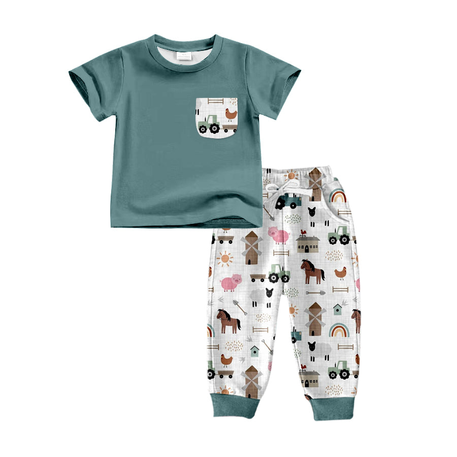 Baby Boys Farm Horse Pocket Tee Bottom Pants Clothes Sets preorder(moq 5)