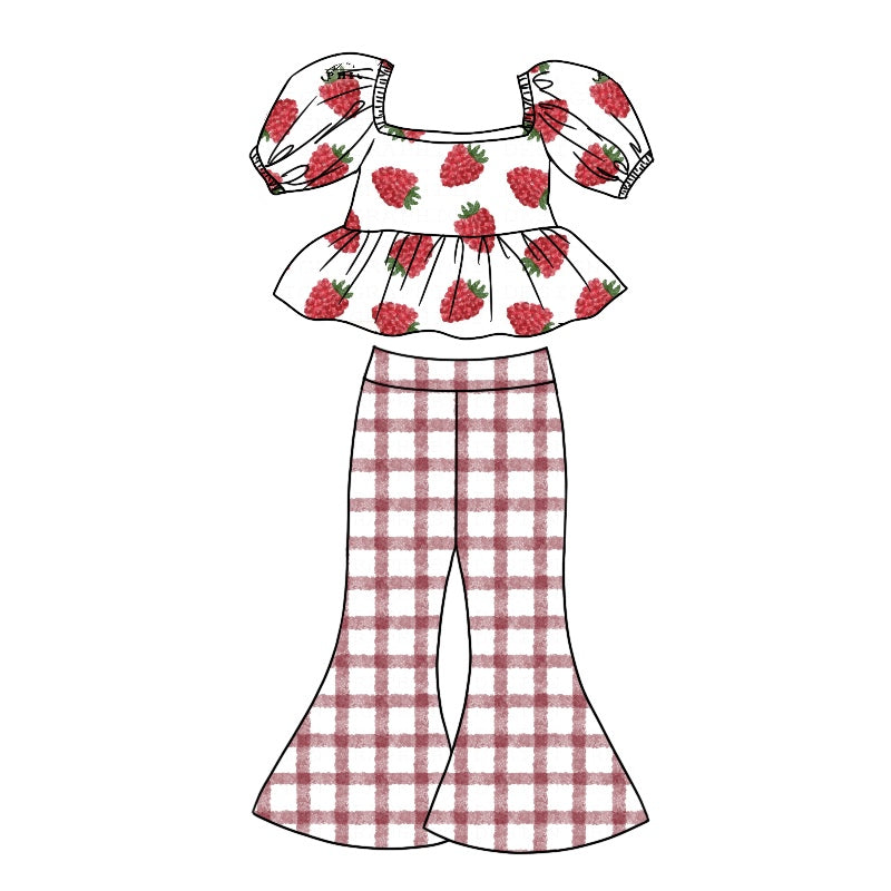 Baby Girls Red Strawberry Tee Shirt Bell Stripes Pants Clothes Sets preorder(moq 5)