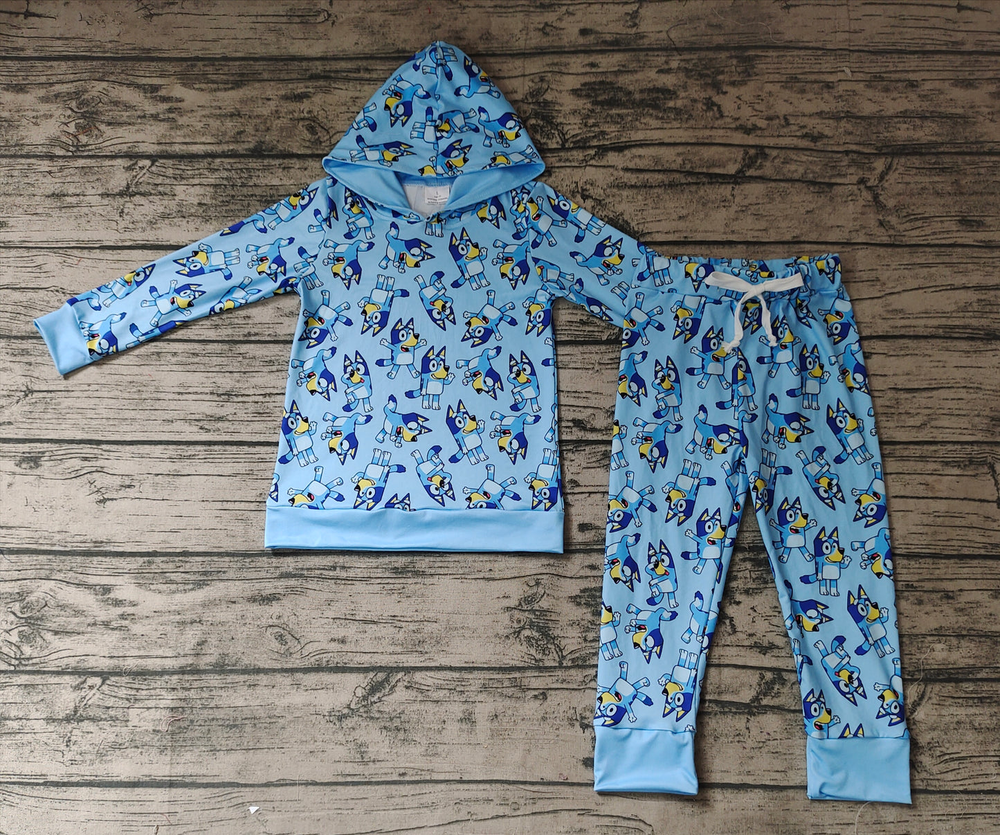 Baby Boys Hooded Blue Dogs Long Sleeve Hooded Tops Pants Clothes Sets