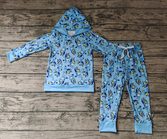 Baby Boys Hooded Blue Dogs Long Sleeve Hooded Tops Pants Clothes Sets