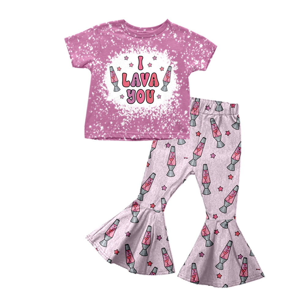 Baby Girls Valentines I Lava You Shirts Top Flare Pants Clothes Sets Preorder(moq 5)