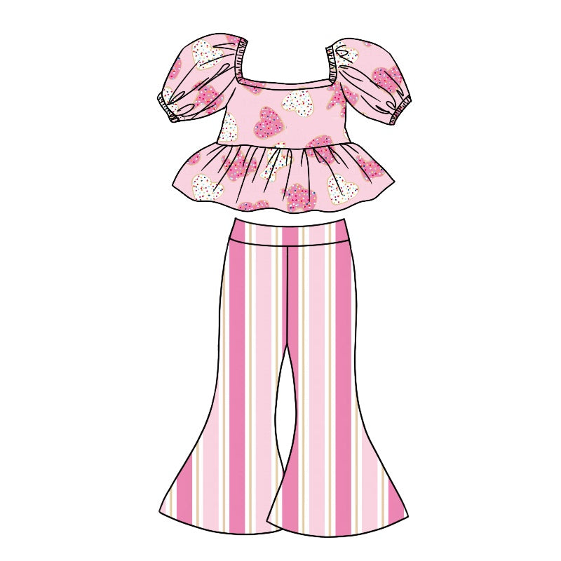 Baby Girls Valentines Dogs Hearts Tee Shirt Bell Stripes Pants Clothes Sets preorder(moq 5)