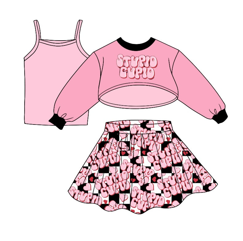 Baby Girls Valentines Cute Hearts 3pcs Top Tee Skirts Clothes Sets preorder(moq 5)
