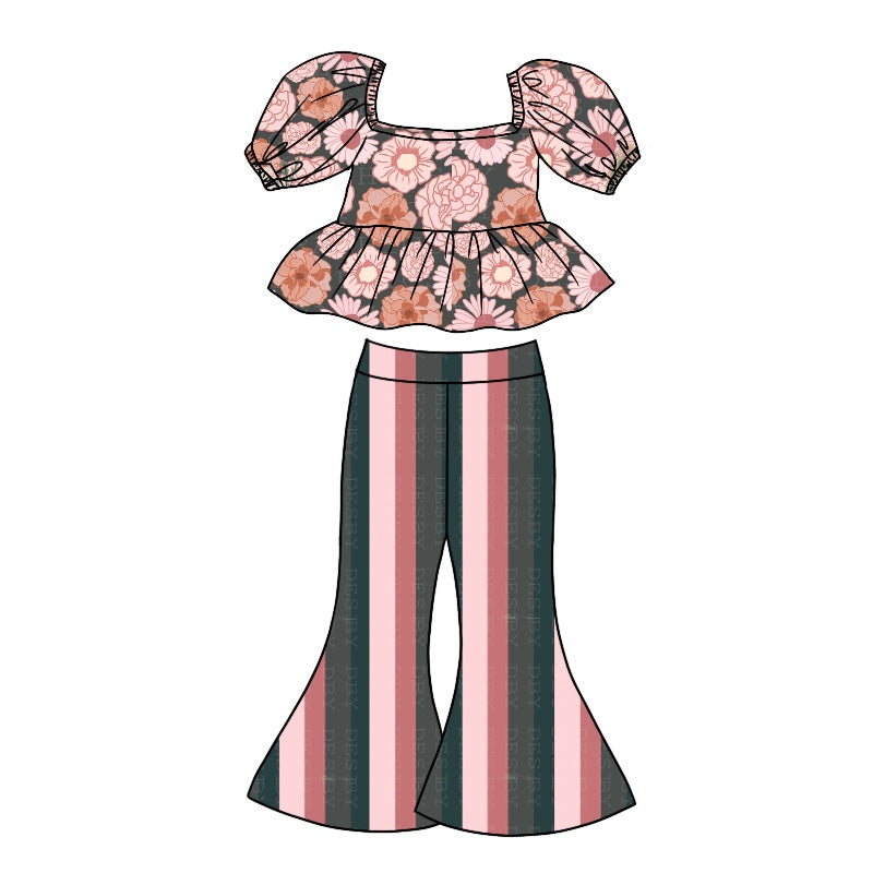 Baby Girls Grey Flowers Tee Shirt Bell Stripes Pants Clothes Sets preorder(moq 5)