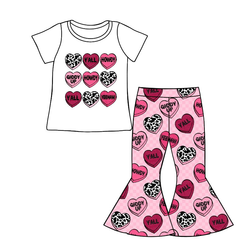 Baby Girls Valentines Hearts Howdy Short Sleeve Tee Shirt Flare Pants Sets Preorder(moq 5)