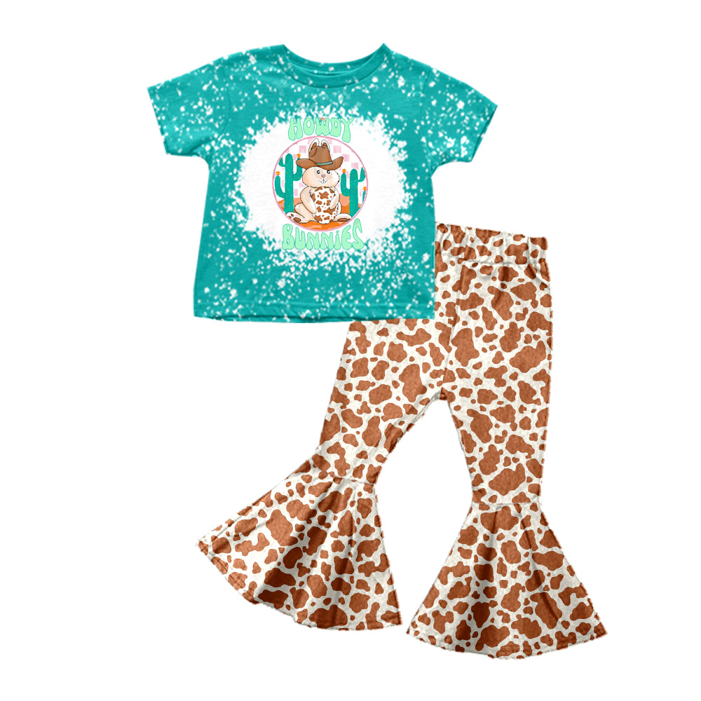 Baby Girls Howdy Bunnies Easter Shirt Flare Cow Pants Clothes Sets Preorder(moq 5)