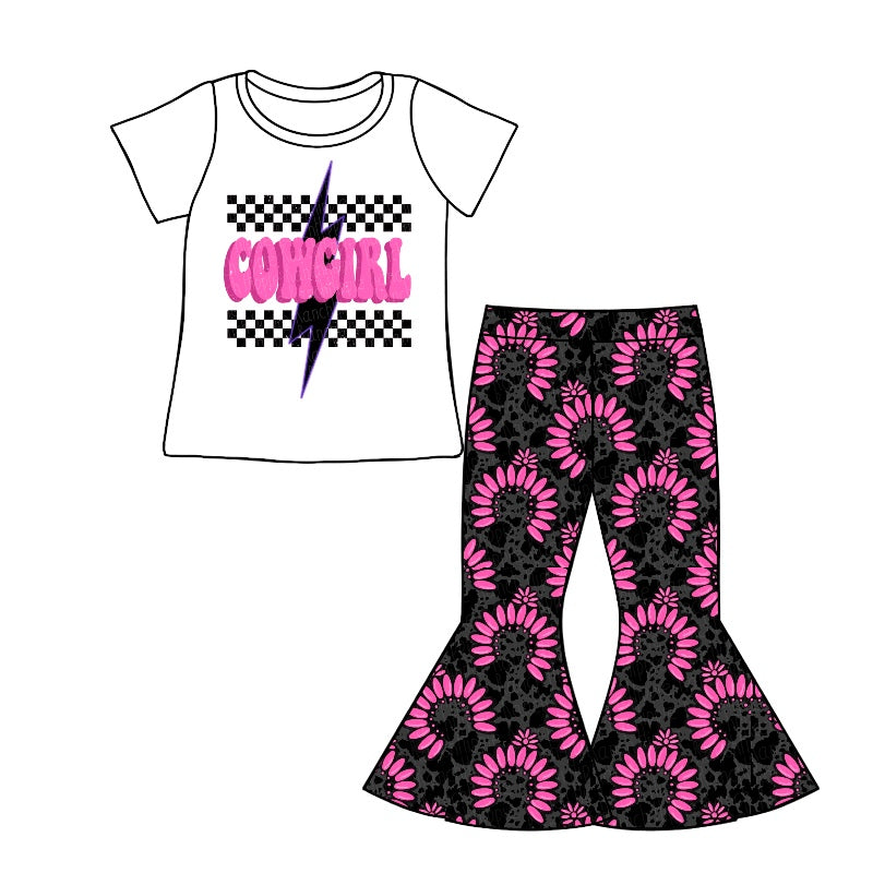 Baby Girls Cowgirl Short Sleeve Tee Shirt Turquoise Flare Pants Sets Preorder(moq 5)