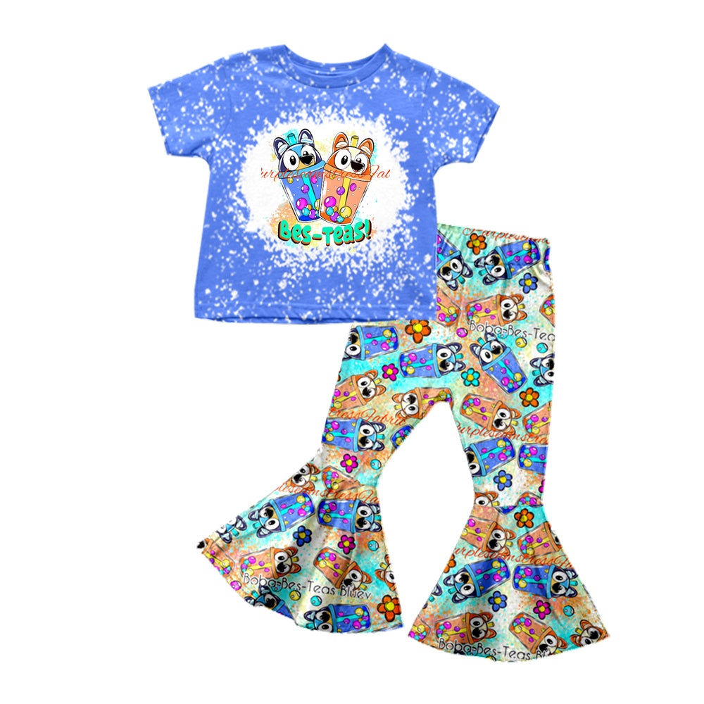 Baby Girls Blue Dog Cups Top Flare Pants Clothes Sets preorder(moq 5)