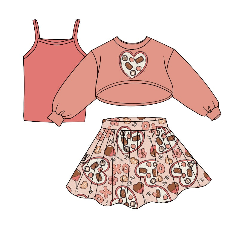 Baby Girls Valentines Hearts 3pcs Top Tee Skirts Clothes Sets preorder(moq 5)