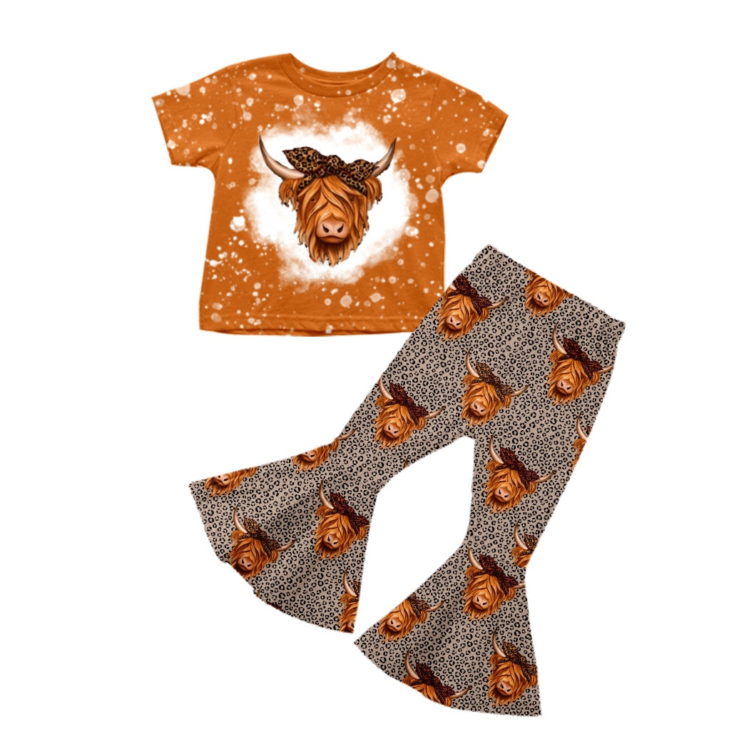 Baby Girls Western Brown Highland Cow Tee Shirt Flare Pants Sets Preorder(moq 5)