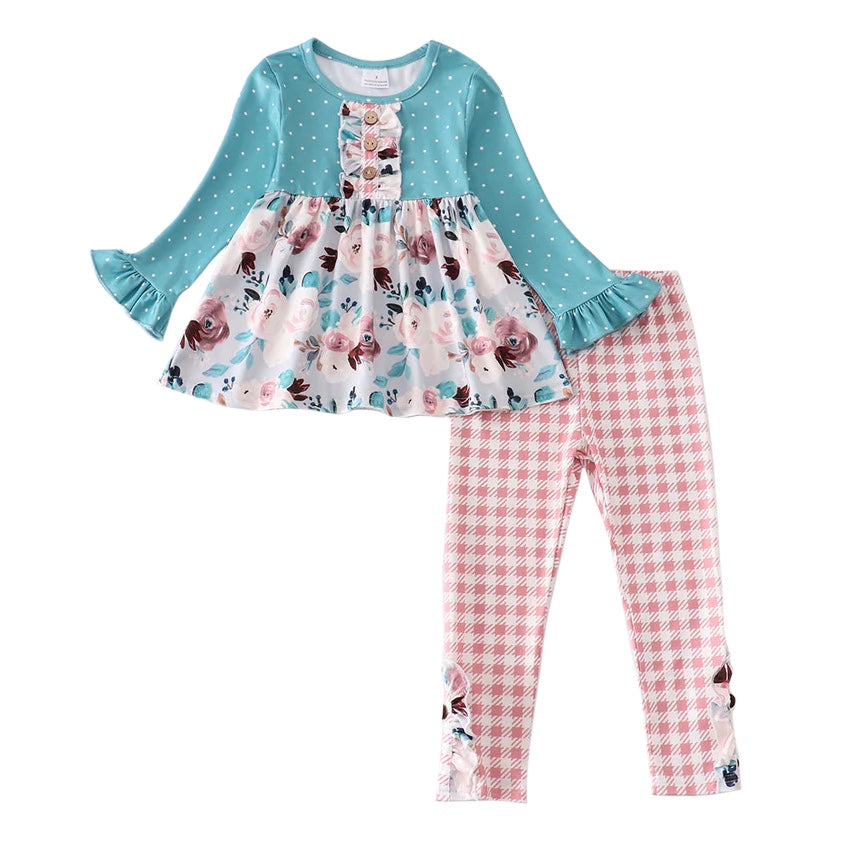 Baby Girls Spring Blue Flowers Floral Tunic Legging Pants Boutique Clothes Sets preorder(moq 5)