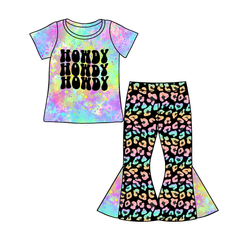 Baby Girls Howdy Purple Tie Dye Tee Shirt Leopard Flare Pants Sets Preorder(moq 5)