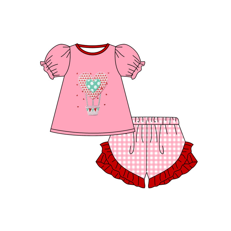 Baby Girls Pink Balloon Hearts Tee Shirts Blue Checkered Shorts Clothes Sets Preorder(moq 5)