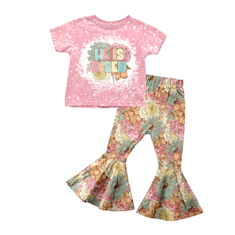 Baby Girls Pink He Is Risen Easter Top Tee Shirt Floral Flare Pants Clothes Sets preorder(moq 5)