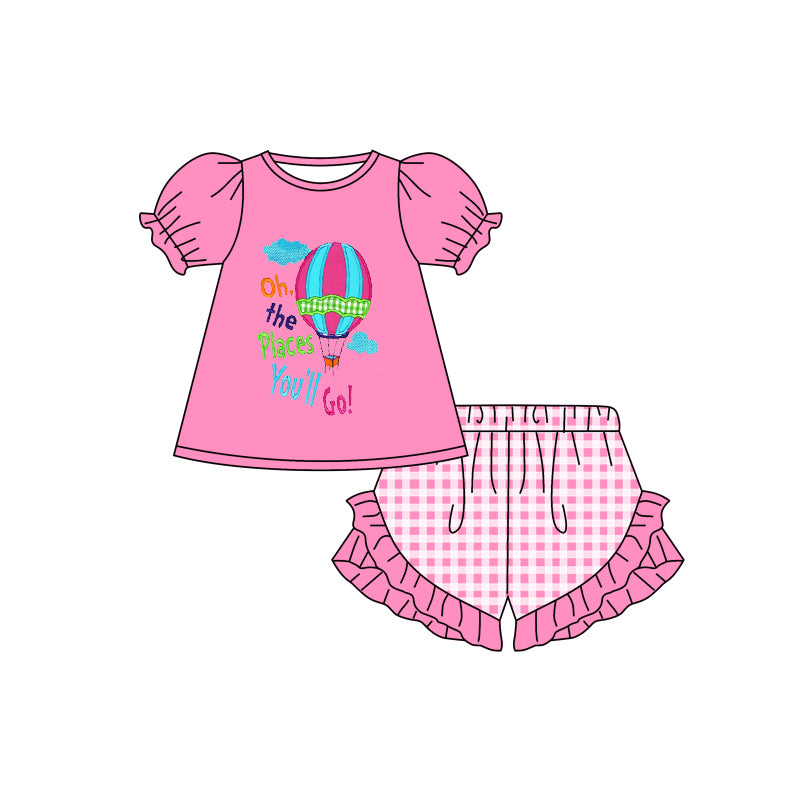 Baby Girls Balloon Tee Shirts Pink Checkered Shorts Clothes Sets Preorder(moq 5)
