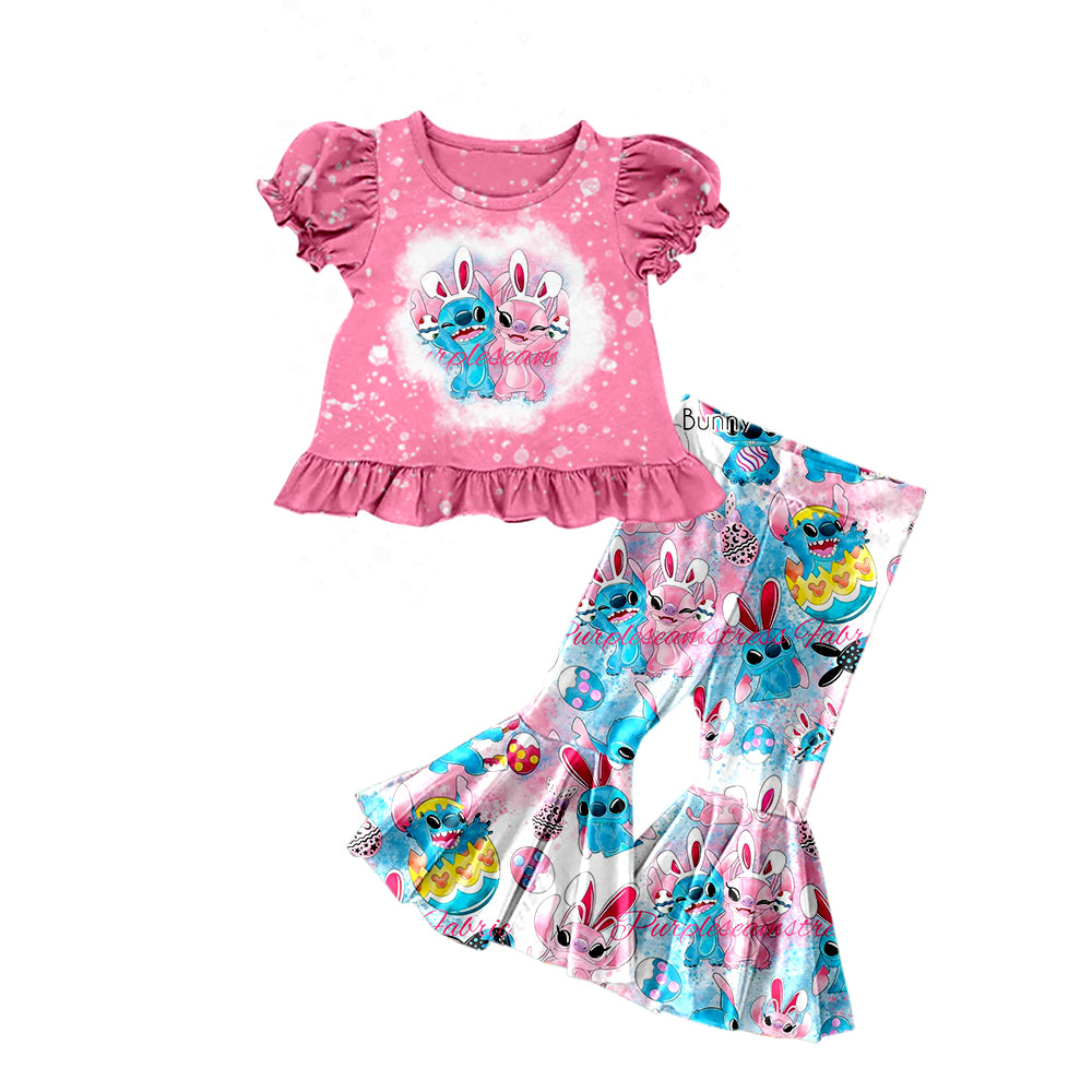 Baby Girls Easter Rabbit Cartoon Short Sleeve Tee Shirt Flare Pants Sets Preorder(moq 5)