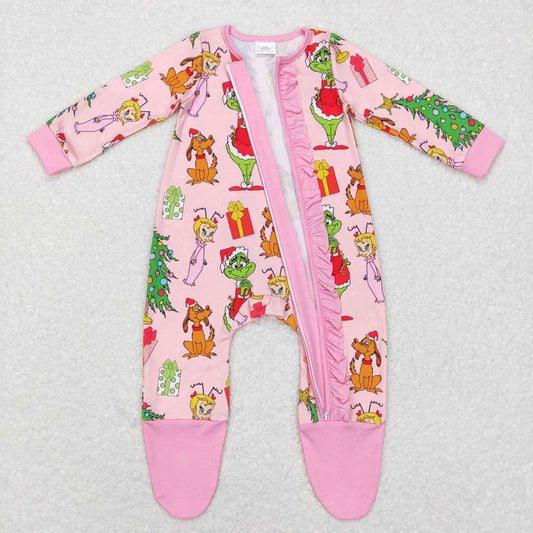 Baby Girls Christmas Pink Frog Long Sleeve Zip Rompers