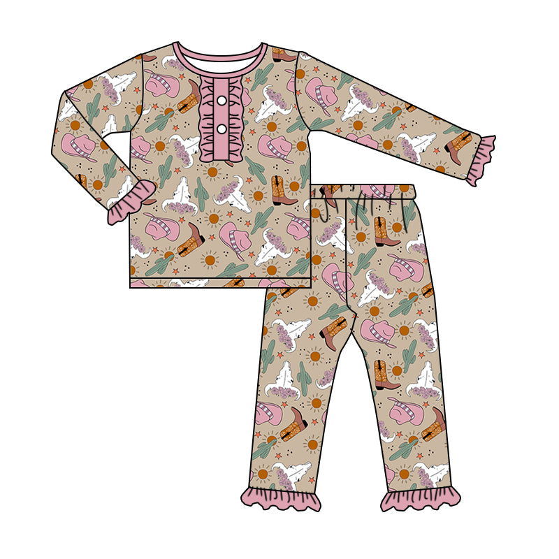 Baby Girls Western Boots Hats Flowers Western Top Legging Pants Pyjamas Clothes Sets Preorder(moq 5)