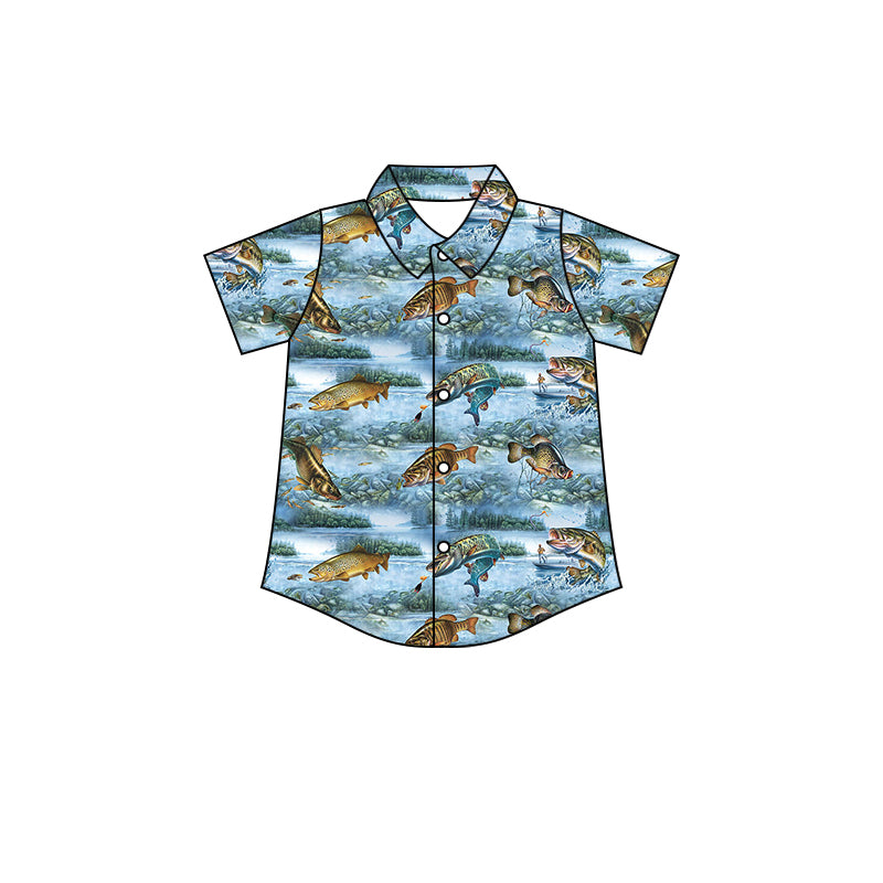 Baby Boys Fishes Blue Buttons Short Sleeve Tee Shirts Tops preorder(moq 5)