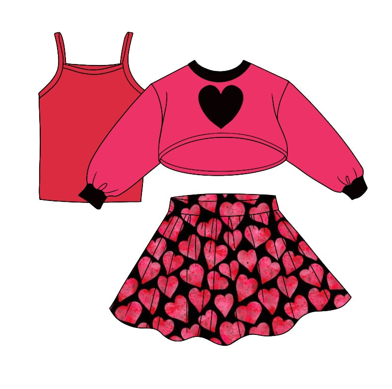 Baby Girls Valentines Black Pink Hearts 3pcs Top Tee Skirts Clothes Sets preorder(moq 5)