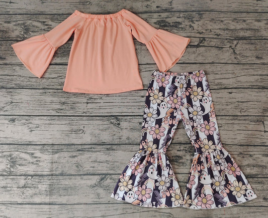 Baby Girls Halloween Pink Top Flowers Boo Bell Pants Clothes Sets