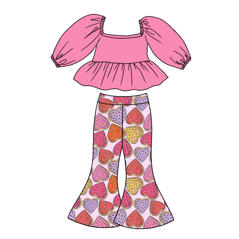 Baby Girls Valentines Tee Shirt Bell Colorful Hearts Bell Pants Clothes Sets preorder(moq 5)