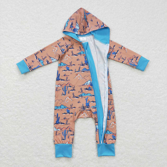 Baby Infant Hooded Western Cactus Zip Long Sleeve Rompers