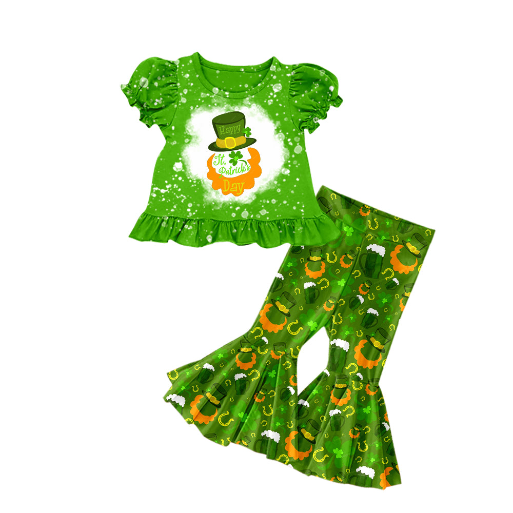 Baby Girls Happy St Patrick Day Shirt Bell Pants Clothes Sets Preorder(moq 5)
