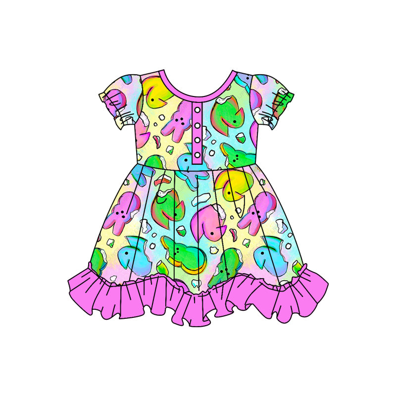 Baby Girls Easter Colorful Rabbits Ruffle Knee Length Dresses Preorder(moq 5)