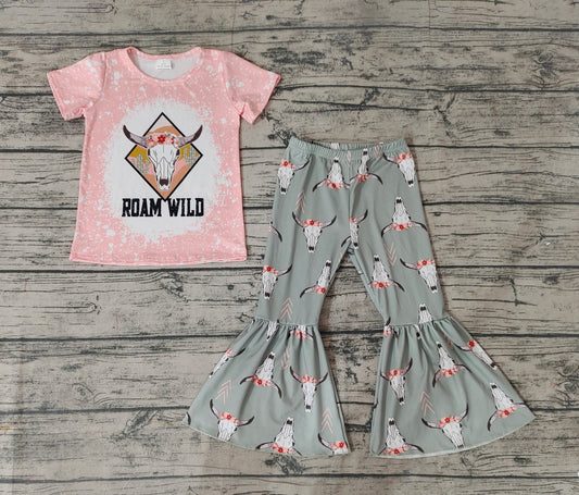 Baby Girls Cow Skull Cactus Short Sleeve Tee Shirts Bell Pants Clothes Sets