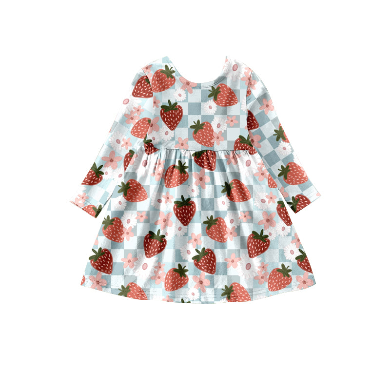 Baby Girls Strawberry Blue Checkered Long Sleeve Knee Length Dresses preorder(moq 5)