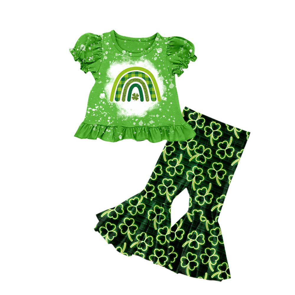 Baby Girls St Patrick Rainbow Quatrefoil Shirt Bell Pants Clothes Sets Preorder(moq 5)