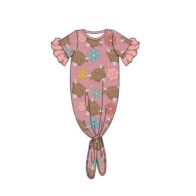 Baby Girls Western Pink Highland Cows Gowns preorder(moq 5)