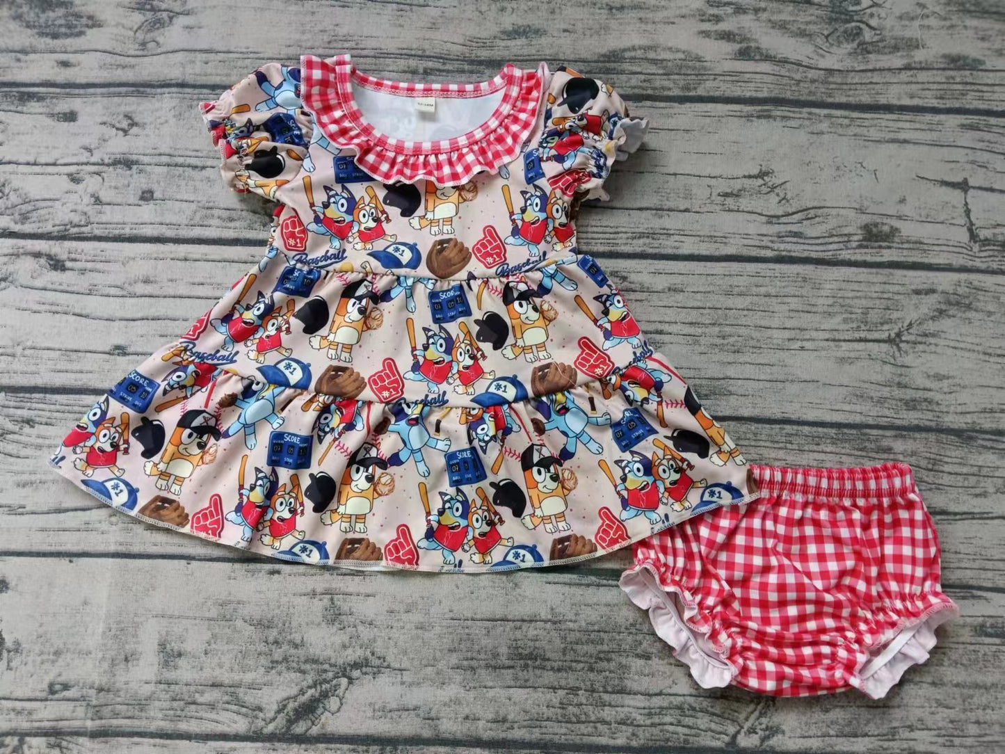 Baby Girls Dog Baseball Cartoon Tunic Top Bummie Sets preorder(moq 5)