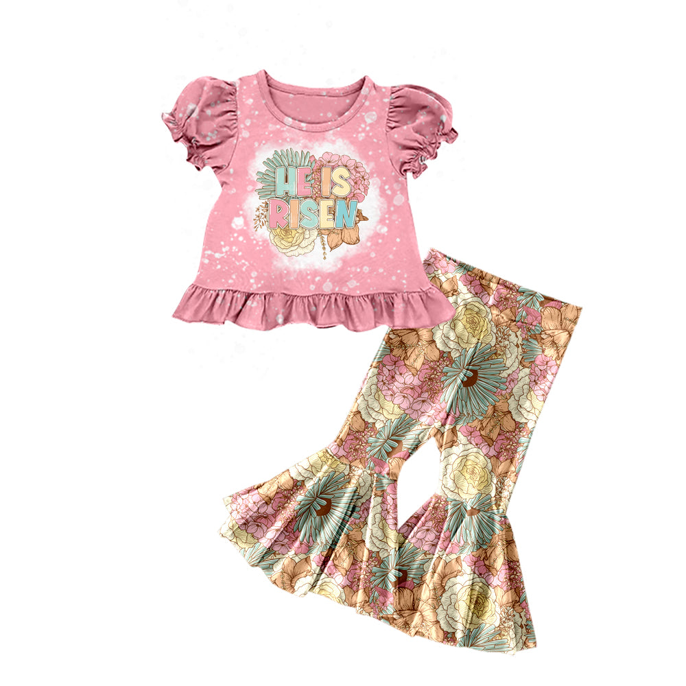 Baby Girls Easter He Is Risen Pink Top Flowers Flare Pants Sets Preorder(moq 5)