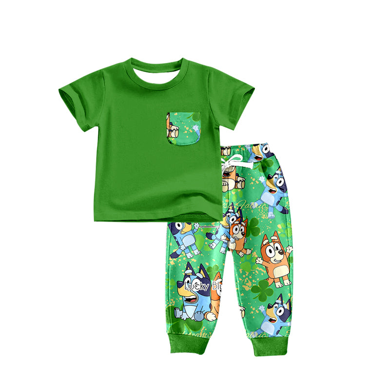 Baby Boys Dog St Patrick Day Short Sleeve Pocket Tee Shirt Pants Sets Preorder(moq 5)