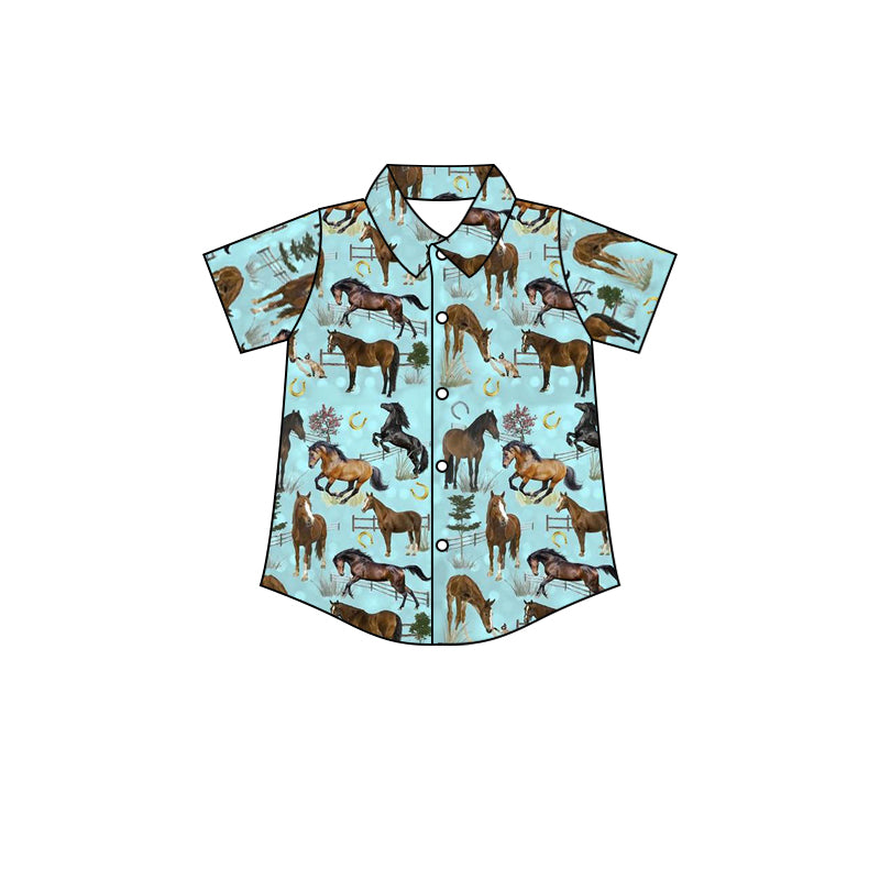 Baby Boys Horses Blue Short Sleeve Buttons Brown Tee Tops preorder(moq 5)