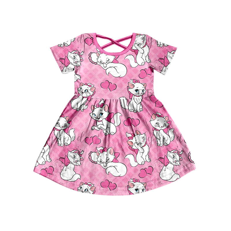 Baby Girls Valentines Cats Short Sleeve Knee Length Dresses Preorder(moq 5)