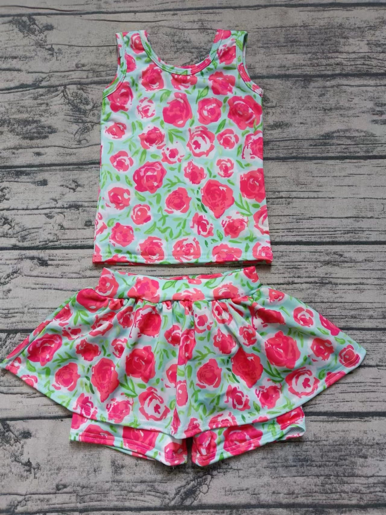 Baby Girls Pink Flowers Tee Shirts Ruffle Shorts Clothes Sets Preorder(moq 5)