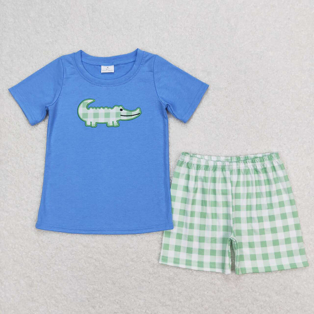 Baby Girls Crocodile Shirt Green Checkered Sibling Shorts Clothes Sets